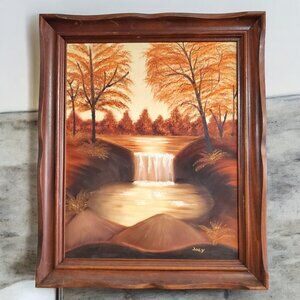 Vintage Original Oil On Canvas in Frame - Fall Lake Waterfall Scene - Signed